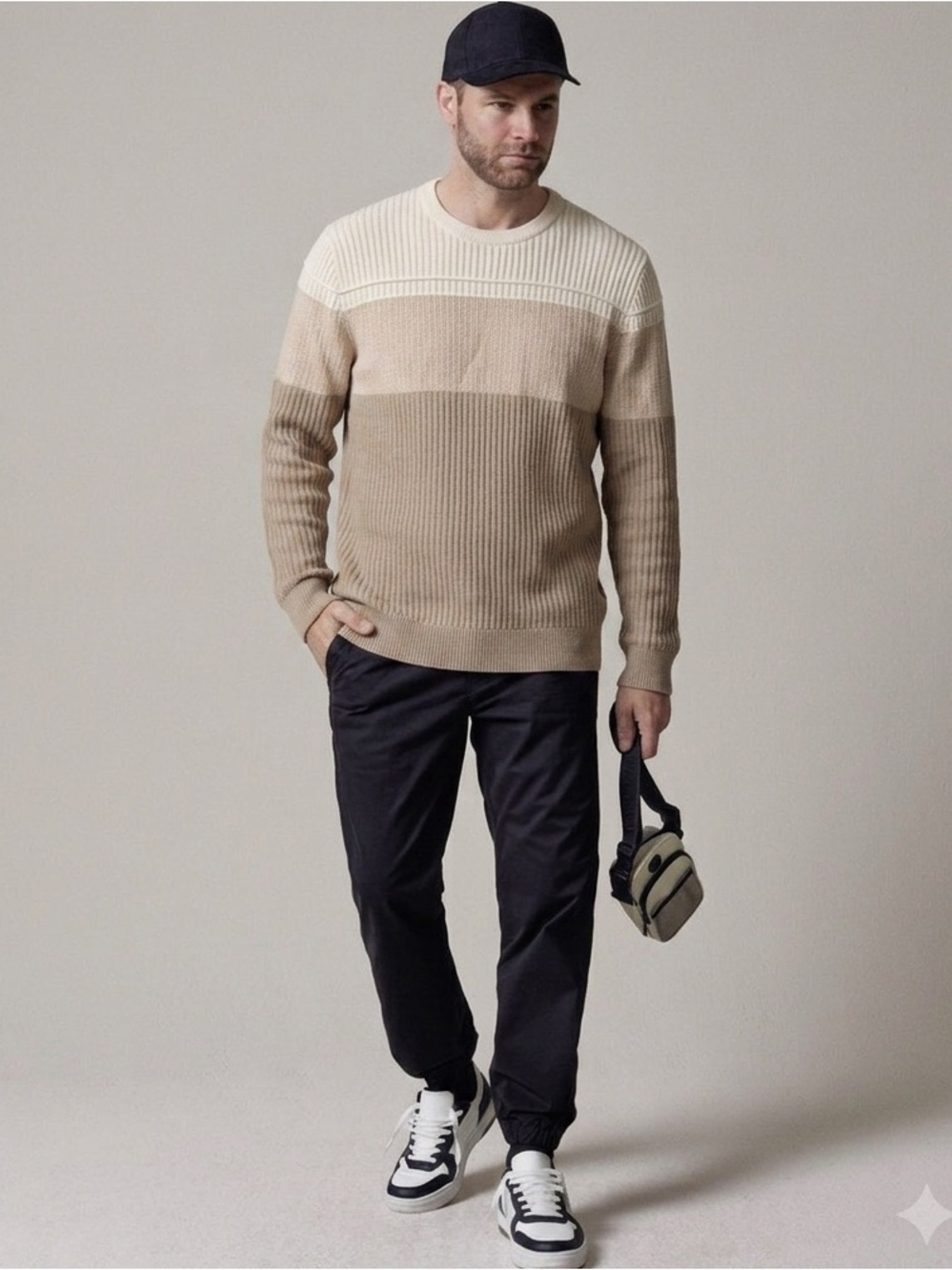 Goodfellow & Co Men's Blocked Crewneck Sweater in Cream and Tan